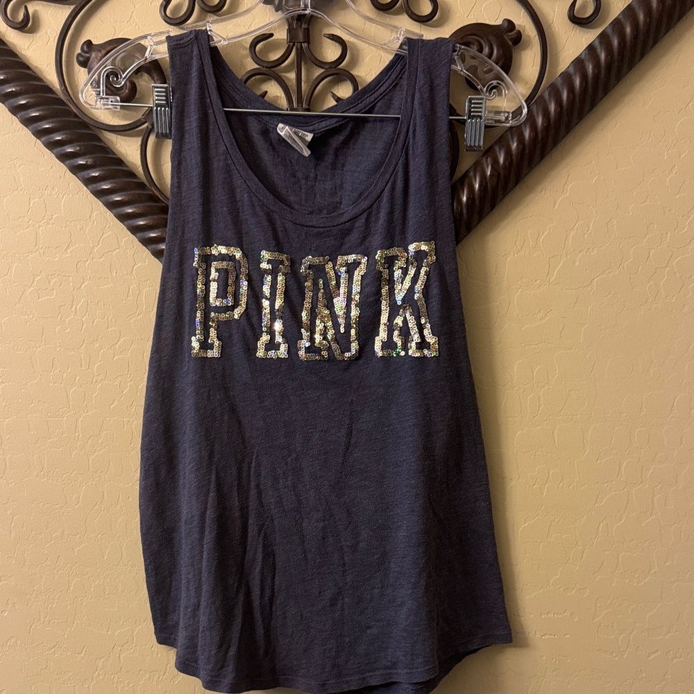 PINK Victoria's Secret Bluish Gray Tank Top with Sequin Logo